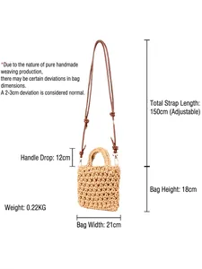 Handmade woven cotton rope bag in beige with brown leather strap and size dimensions