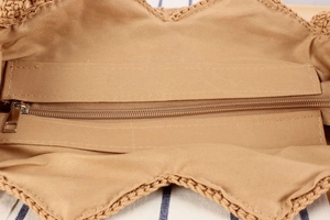 Close-up of woven cotton rope bag featuring metal zipper and smooth inner lining