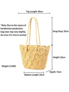Handmade straw woven tote bag with dimensions shown for beach vacations and casual style