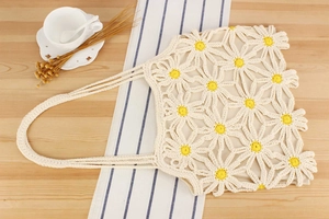 Detail of handmade crochet daisy tote bag showing delicate floral knit pattern and soft texture