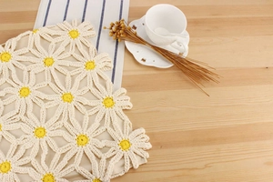 Detail of hand-woven cotton crochet daisy pattern for casual beach bags and home decor