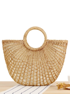 Handgefertigte Strohhandtasche Naturgras Durchbrochener Rundgriff Sommer Strand Urlaub Boho Stil Damen Grosse Tasche