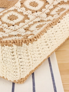 Handmade crochet floral pattern tote bag with beige and brown bohemian knit design