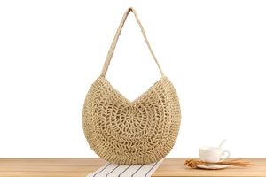 Detail of round straw bag showing handmade texture and woven texture for summer beach vacation