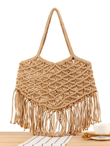 Handmade Macrame Woven Shoulder Bag Cotton Rope Tassel Bohemian Beach Vacation Slouchy Tote For Women