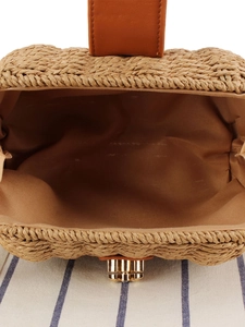 Handmade woven crossbody bag with interior lining and secure golden metal twist lock closure