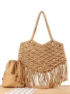 Bohemian Handwoven Shoulder Bag Cotton Rope Macrame Tote With Tassel And Inner Lining For Women Seaside Vacation