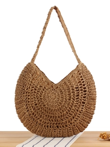 Woven Shoulder Bag Paper Rope Hollow Handbags For Women Summer Beach Vacation Round Shape Zipper Inner Pocket Soft