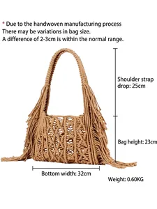 Handmade woven khaki tote bag with bohemian tassels and detailed product dimensions