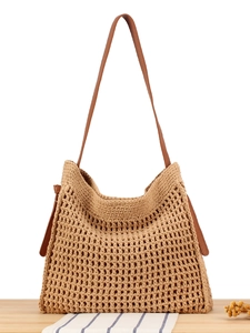 Woven Shoulder Bag Hollow Out Crochet Cotton Rope Tote With Faux Leather Strap Large Capacity Summer Beach Vacation For Women
