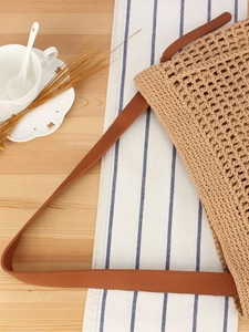Handcrafted khaki cotton rope hollow woven tote bag with premium brown leather straps