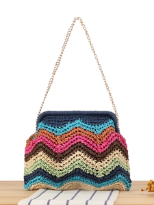 Women Woven Crossbody Bag Colorful Zigzag Pattern Paper Straw Summer Beach Vacation Chic Shoulder Bag Gold Chain Strap