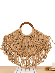 Handmade Woven Cotton Rope Handbag With Wooden Handle Bohemian Tassel Fringe Beach Vacation Shoulder Bag For Women