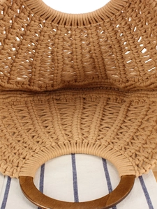 Handmade khaki woven cotton rope handbag with dark wooden circular handles for women