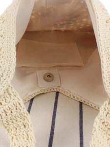 Handmade colorful crochet bag with fabric lining and magnetic clasp closure interior