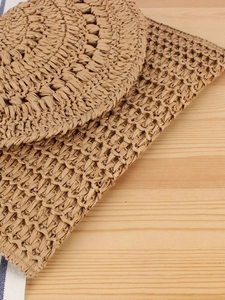 Khaki hand-woven crochet shoulder bag with natural paper straw texture for summer beach vacation
