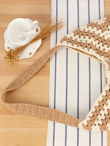 Sac à bandoulière en crochet fait main, corde de coton bicolore style plage décontracté femme.