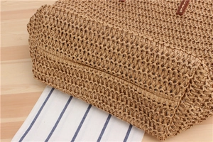Close-up of handwoven straw tote bag bottom showing durable texture and weave