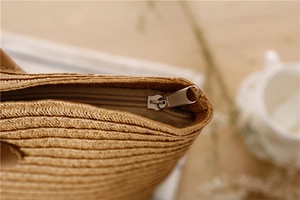 Detail of paper rope woven shoulder bag with durable zipper and metallic puller close-up