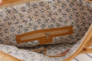 Detail view of woven paper bag interior with floral lining and zipper pocket