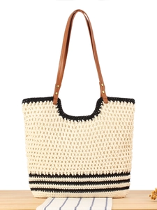 Handmade Crochet Woven Tote Bag Cotton Rope Striped Summer Beach Vacation Shoulder Purse Casual Fashion For Women