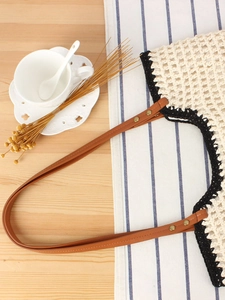 Retro handmade woven tote bag with brown leather straps and black crochet trim detail