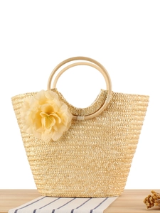 Sac À Main En Paille Pour Femmes Avec Décor De Grande Fleur Poignées Rondes En Bois Fermeture Éclair Plage Voyage