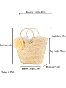 Sac fourre-tout en paille tissé main avec anses en rotin et grande fleur jaune