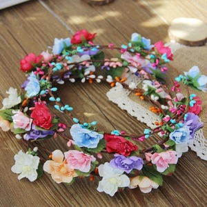 Flower Crown Headband Artificial Satin Floral Garland Woven Rattan Vine Bridal Wedding Beach Photography Bohemian Style