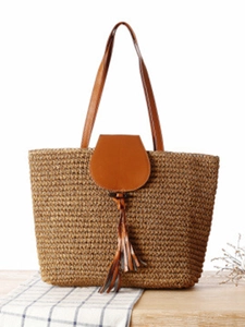 Woven Paper Rope Shoulder Bag With Synthetic Leather Handle Tassel And Wood Button Summer Beach Casual Bohemian Women Tote