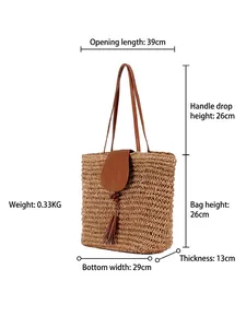 Handmade woven paper rope tote bag with leather straps and tassels, showing size dimensions