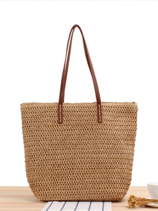 Women Woven Paper Straw Shoulder Bag Large Capacity Tote Summer Beach Vacation Minimalist Retro PU Leather Handle Zipper