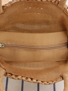 Sac rond fait main en corde de papier rayée avec poche intérieure zippée sécurisée
