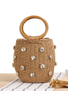 Woven Paper Straw Bucket Bag With Rhinestones Round Wooden Handle Drawstring Closure Summer Beach Vacation For Women