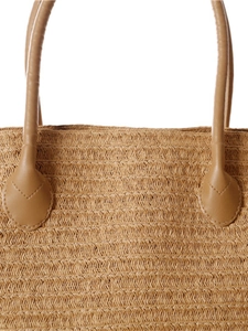 Minimalist straw woven tote bag with V-pattern texture and brown leather handles