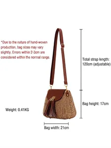 Sac bandoulière en paille tressée avec rabat en cuir et dimensions 21x17cm