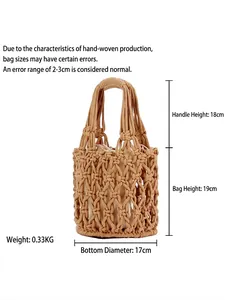 Khaki cotton crochet tote bag with drawstring lining and hollow mesh weave design