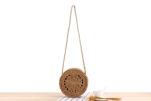 Detail showing handwoven circular straw bag with floral hollow patterns for summer beach