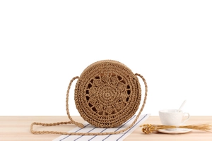 Detail showing handwoven hollow sunflower pattern on khaki round straw bag texture
