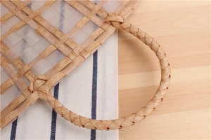 Detail view of handmade woven beach basket with transparent PVC and natural straw texture