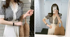Detail of a brown hand-woven hollow straw bag styled with a plaid summer top