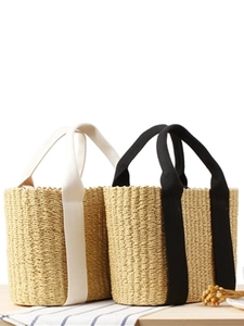Women Woven Tote Bag Paper Rope Summer Beach Handbag With Canvas Straps Large Capacity Casual Minimalist Bucket Bag