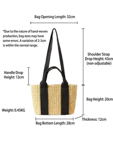 Beige woven straw tote bag with black canvas straps and detailed size dimensions