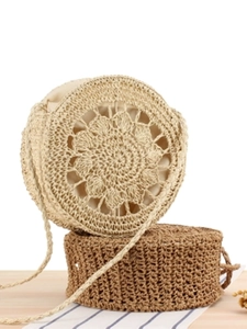 Handmade round straw woven crossbody bags in beige and brown for summer beach vacations