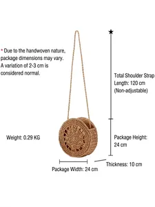 Handwoven round straw shoulder bag with hollow pattern and long strap for beach vacation