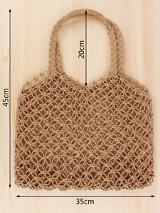 Handmade hollow woven paper rope tote bag in khaki with precise 35x45cm size dimensions