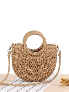 Women Minimalist Woven Paper Rope Crossbody Bag Half Moon Beach Vacation Handbag With Round Handle And Long Strap
