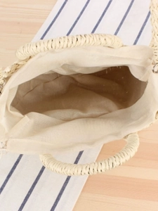Handwoven straw semicircle handbag with top zipper and spacious fabric lining