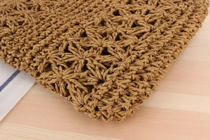 Detailed macro view of the intricate hollow weave pattern and texture on a brown straw bag