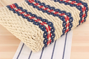 Close-up of vertical striped paper rope weave pattern on a summer beach tote bag